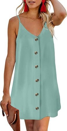 AlvaQ Women Summer Spaghetti Strap Button Down V Neck Sleeveless Casual Mini Dress at Amazon Women’s Clothing store