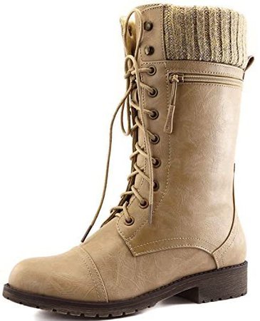 Amazon.com | DailyShoes Women's Combat Bootie Ankle Mid Calf Low Heel Lace Up Zippers Pocket Sweater Cuff Knitted Boots Zip - Beige Pu 8 | Ankle & Bootie
