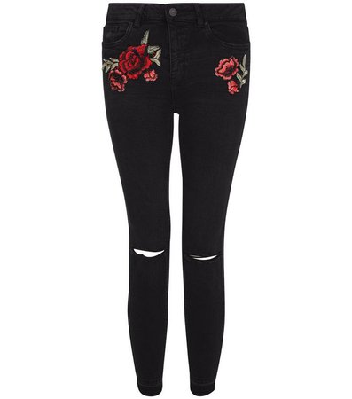 Black Floral Embroidered Ripped Skinny Jeans | New Look