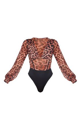 Tan Mesh Leopard Print Caged Detail Bodysuit | PrettyLittleThing