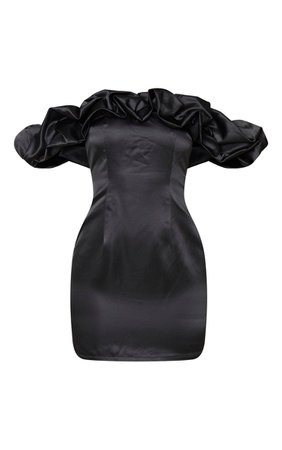 Black Satin Ruffle Bardot Bodycon Dress | PrettyLittleThing USA