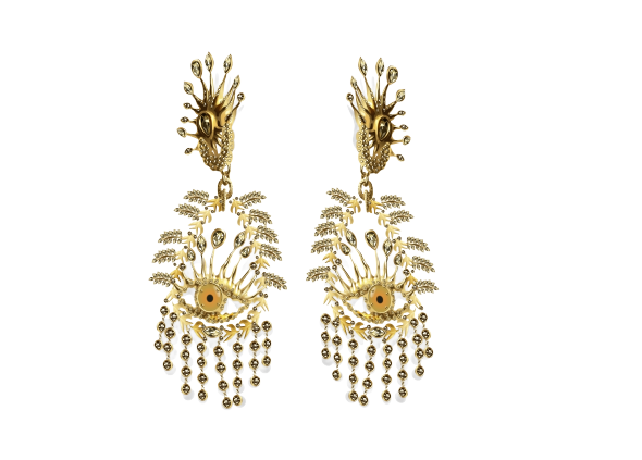 schiaparelli oversized gold-plated pewter and brass earrings adorned with rhinestones and beads.