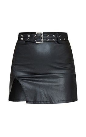 *clipped by @luci-her* Black Belted Faux Leather Mini Skirt | Skirts | PrettyLittleThing USA