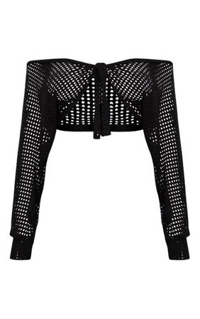 Black Fishnet Bardot Tie Front Crop Top | PrettyLittleThing