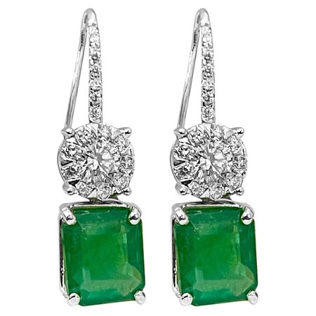 8 Carat Emerald Cut Emerald and Diamond Fish Hook Earrings 18 Karat White Gold For Sale at 1stDibs