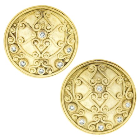 Denise Roberge 18K Gold Etruscan Large Round Circular Disk w/ Diamond Earrings For Sale at 1stDibs