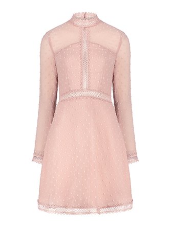 Pink Cutwork Lace Detail Semi-sheer Midi Dress | Metisu