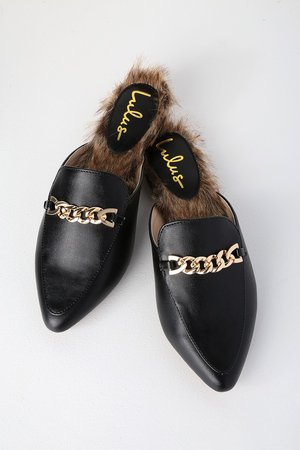 Lulus Antonia 2 - Black Loafer Slides - Faux Fur Loafer Slides