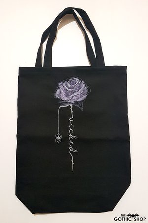 Purple Rose Embroidered Black Canvas Gothic Shopping Bag