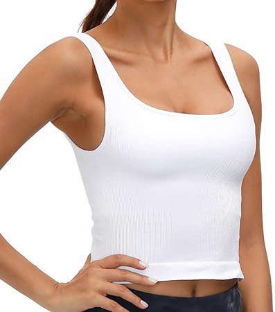 Sports Bra for Women Workout Crop Tops Scoop Neck Longline Sports Bras Seamless Yoga Tank Tops with Built-in Bra White at Amazon Women’s Clothing store