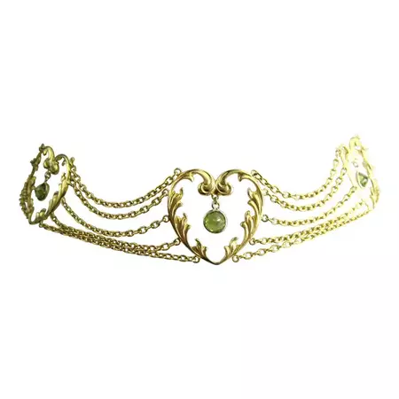 Art Nouveau 14 Karat Gold Choker Peridot Necklace For Sale at 1stDibs | art nouveau choker, golden circlet, peridot choker