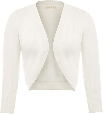 Belle Poque Womens 3/4 Sleeve Bolero Shrug Open Front Knit Cropped Cardigan(White S) at Amazon Women’s Clothing store