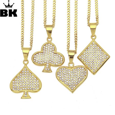 Online Shop Gold Tone Poker Card Clubs Hearts Spades Pendant Full Iced Out Rhinestone Charms Necklace Stainless Steel Cuban chain | Aliexpress Mobile
