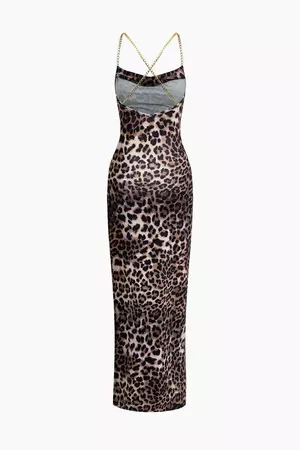 Leopard Print Cross Chain Backless Cowl Neck Slit Maxi Dress – Micas