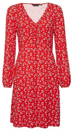 Red Floral Print Ruched Detail Dress