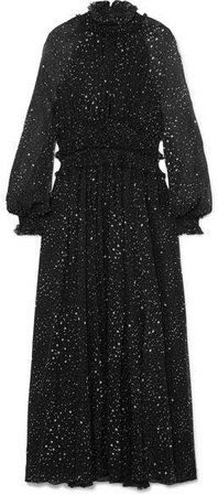 Ruffled Printed Silk-georgette Gown - Black