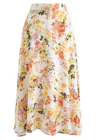 Blooming Season Watercolor Chiffon A-Line Midi Skirt in Orange - Retro, Indie and Unique Fashion