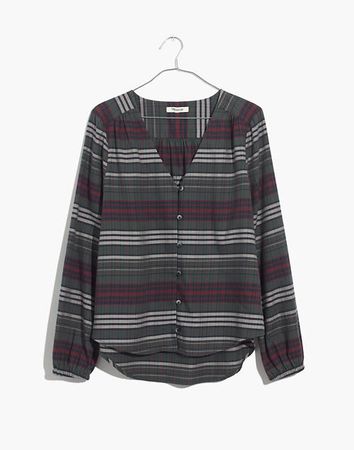 V-Neck Button-Down Shirt in Pineview Plaid