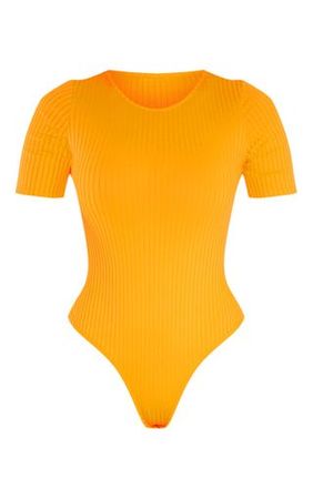 Tall Neon Orange Ribbed Short Sleeve Bodysuit | PrettyLittleThing