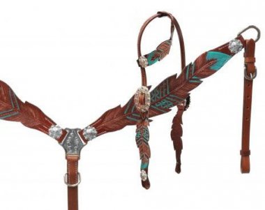 Showman Cut-Out Teal Painted Feather Headstall, Breast Collar, Reins Set