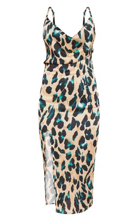 Tan Strappy Satin Leopard Midi Dress | PrettyLittleThing USA