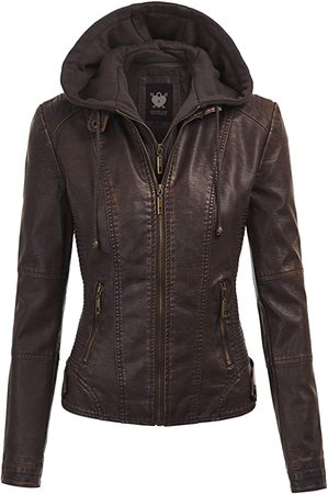 LL WJC1044 Womens Faux Leather Quilted Motorcycle Jacket with Hoodie M COFFEE at Amazon Women's Coats Shop