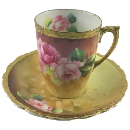 Art Nouveau Chocolate Cup and Saucer American Beauty Rose Artist : The Porcelain Kingdom | Ruby Lane