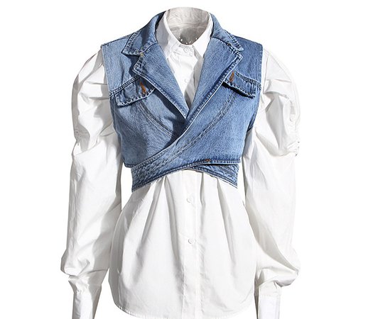 Ladies Bubble Long Sleeve Pleated Solid White Shirt And Irregular Jean Vest Female Frills Blouse Women Two Pieces Set - Buy Dressy White Blouses,Shirt And Vest Pieces,Bubble Long Sleeve Blouse Product on Alibaba.com
