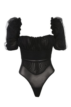Clothing : Bodysuits : 'Nina' Black Ruched Mesh Bodysuit