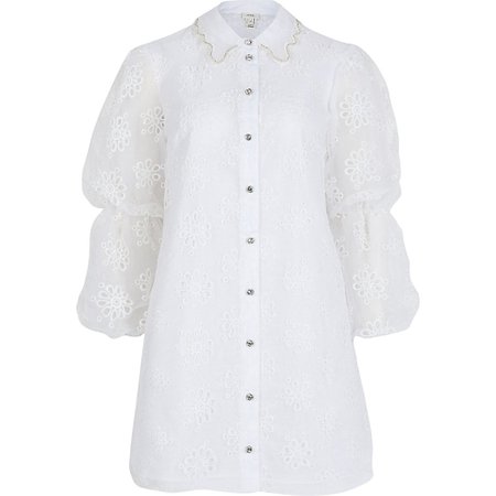 White long sleeve floral organza mini dress | River Island