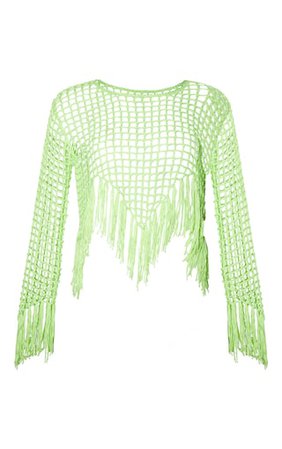 Lime Fringe Hem Crochet Jumper | Knitwear | PrettyLittleThing