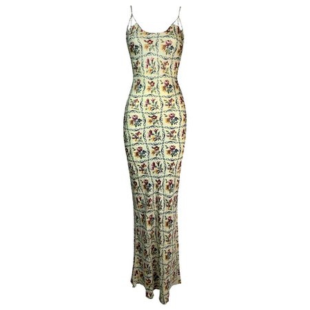 1999 Christian Dior John Galliano Ivory Silk Knit Quilt Print Long Dress For Sale at 1stDibs