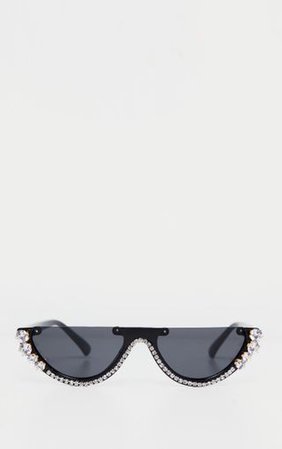 Black Retro Flat Top Diamante Sunglasses | PrettyLittleThing