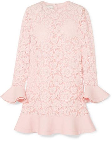 Ruffled Crepe-trimmed Guipure Lace Mini Dress - Pastel pink