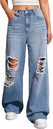 SweatyRocks Women's High Waist Distressed Ripped Baggy Loose Denim Jeans Blue S at Amazon Women's Jeans store