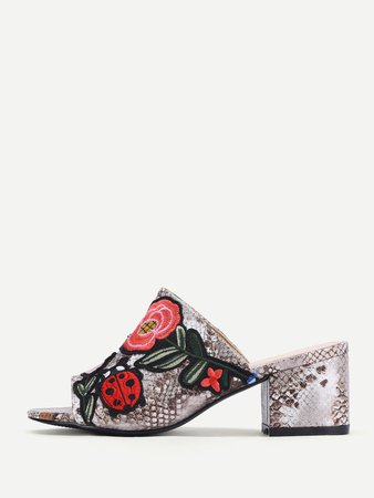 Flower Embroidery Snakeskin Print PU Mule Sandals