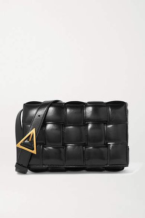 Cassette Padded Intrecciato Glossed-leather Shoulder Bag - Black
