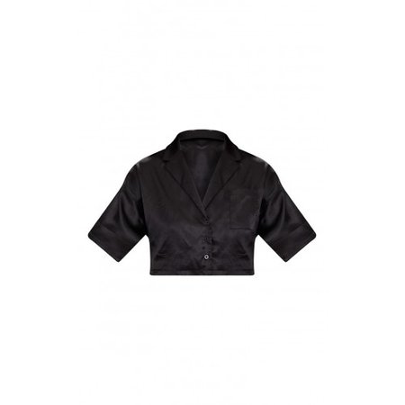 Women Black Satin Short Sleeve Crop Shirt Black CLU9828 YHPJXGW