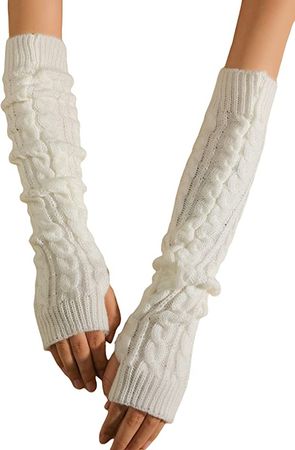 Verdusa Women's Knitted Arm Warmers Long Fingerless Gloves White one-size at Amazon Women’s Clothing store