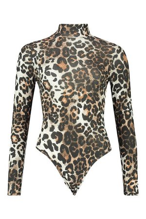 High Neck Leopard Long Sleeve Bodysuit | Boohoo brown