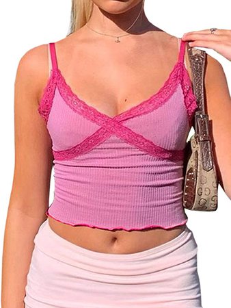 Meladyan Women’s Y2K Lace Patchwork V Neck Camisole Ribbed Spaghetti Strap Crop Cami Tank Tops (Small, Pink) at Amazon Women’s Clothing store