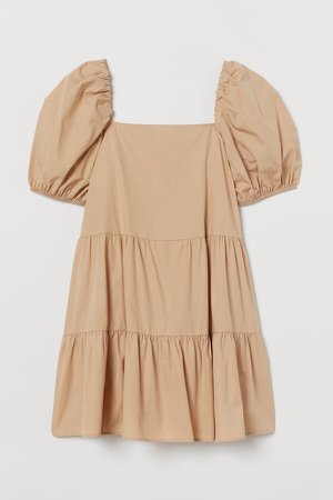 Puff-sleeved Dress - Beige