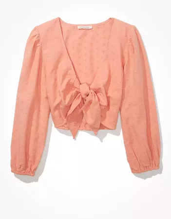 AE Long-Sleeve Tie-Front Top coral