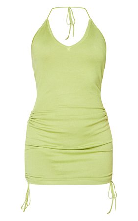 PLT Green Ruched V Neck Strappy Knitted Dress