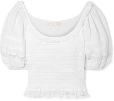 Molly Cropped Crochet-trimmed Shirred Cotton-voile Top - White