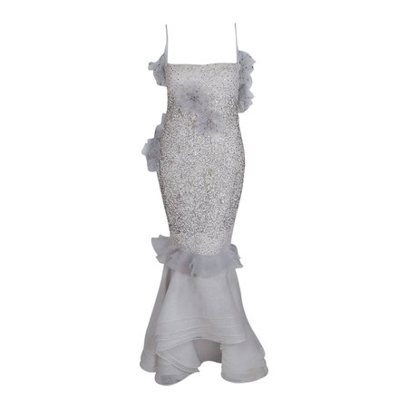 1955 Nina Ricci Paris Haute-Couture White Rhinestone Lace Silk Mermaid Gown For Sale at 1stdibs