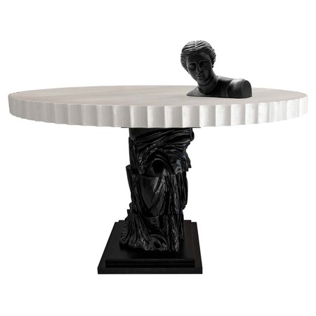 Woman Figurative Sculpture Round Pedestal Dining Table Marquetry Black & White