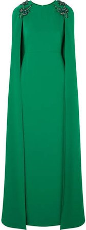 Cape-effect Embellished Crepe Gown - Emerald