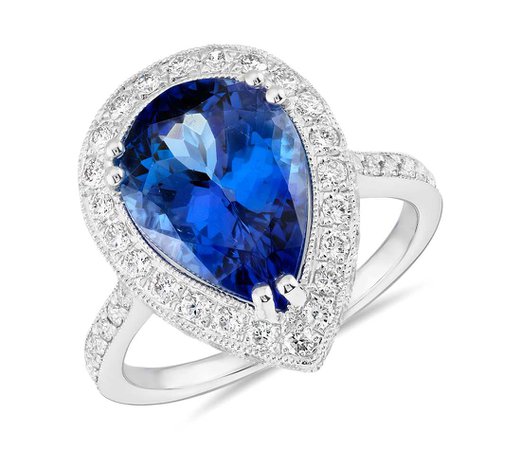 Pear-Shaped Tanzanite and Diamond Halo Cocktail Ring in 18k White Gold (4.38 ct. tw.) | Blue Nile