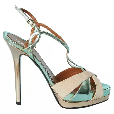 Platform sandal mix beige suede and metallic leather pale green Fendi NEW For Sale at 1stDibs